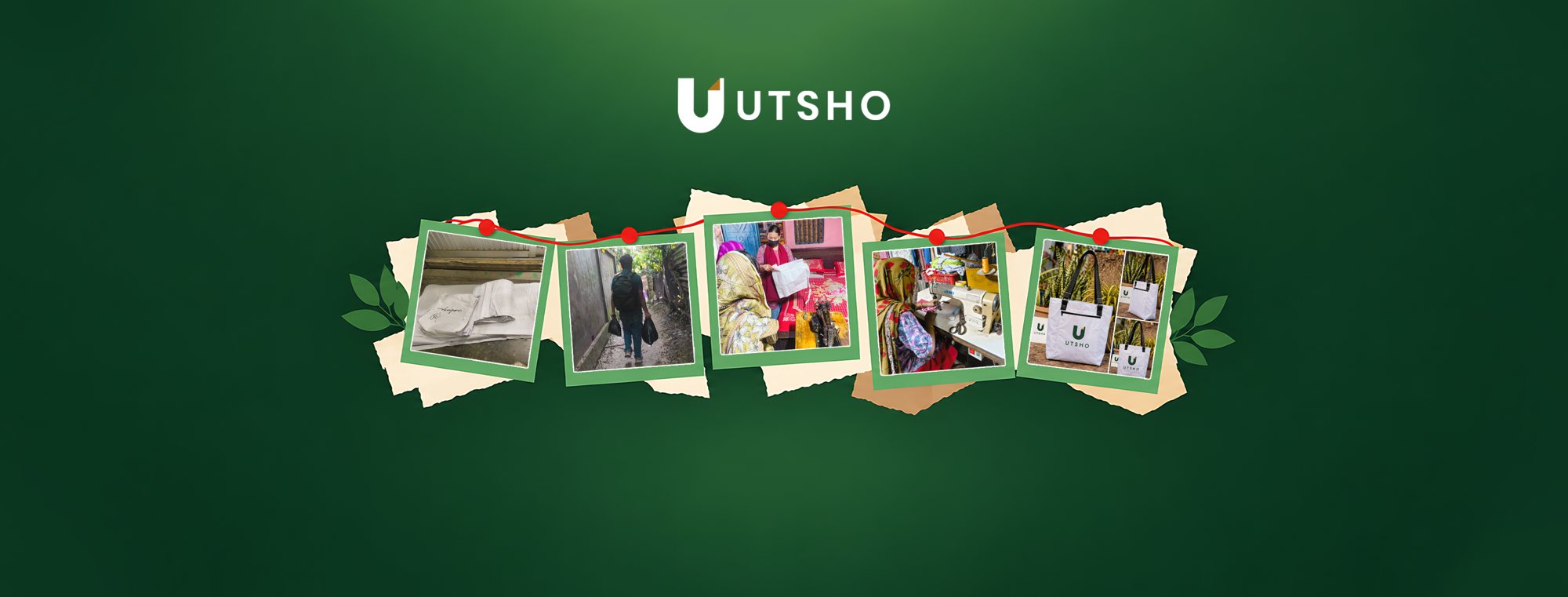 UTSHO banner collection, artisan sewing and finished bags in a wide photo collage